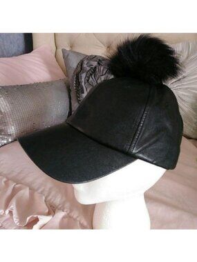 Black Faux Leather Baseball Hat With Fluffy Pompom Adjustable Back Strap NWT